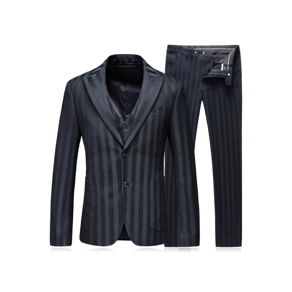 Mens 2 Piece Suit Slim Fit Stripe Tuxedo Blazer Pants Set - Picture 1 of 7